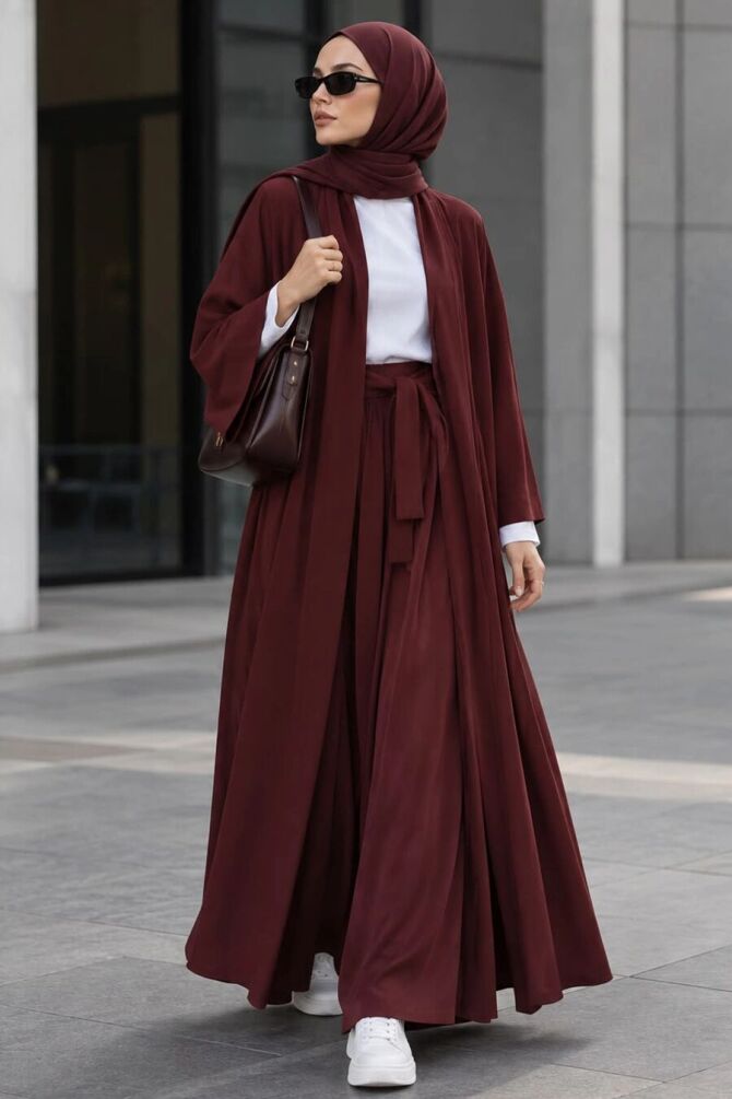 Belted Burgundy Marrakesh Kimono Modest Set 1403BR - N.S NEVA STYLE