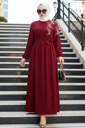 Belted Burgundy Modest Dress 30550BR - 1