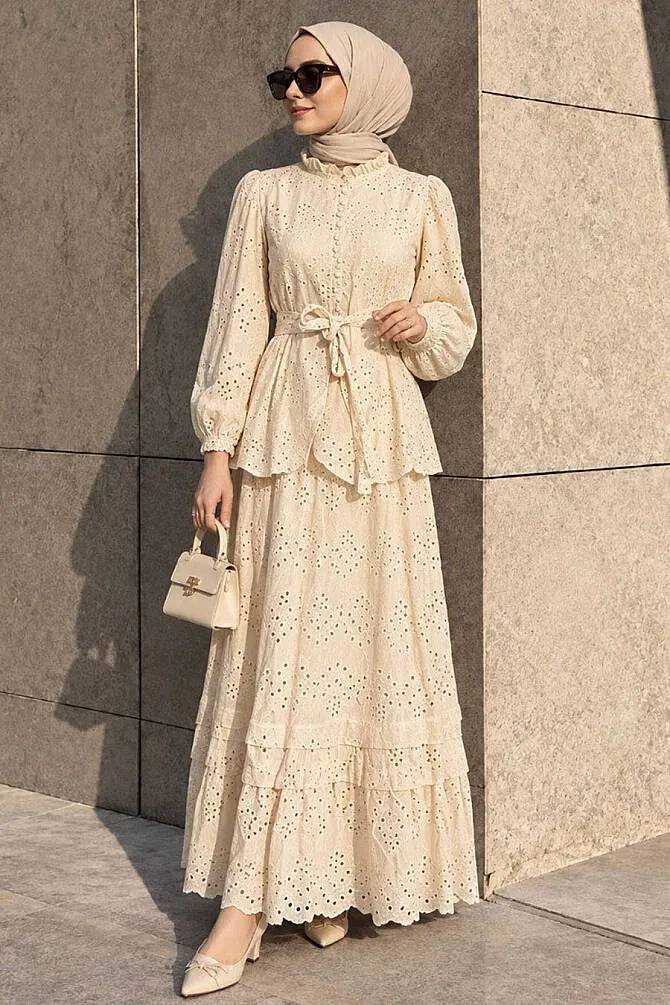 Belted Button-Detail Embroidered Beige Modest Set 50205BEJ - 1