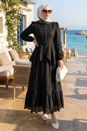 Belted Button-Detail Embroidered Black Modest Set 50205S 