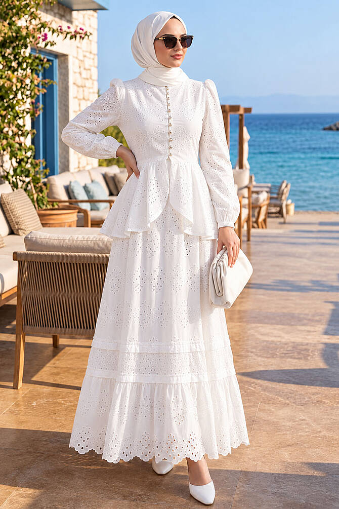 Belted Button-Detail Embroidered White Modest Set 50205B - 1