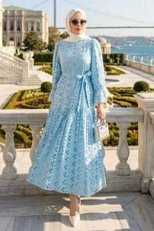Belted Embroidered Blue Modest Dress 5000M - 1