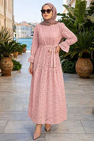 Belted Embroidered Pink Modest Dress 5000P 