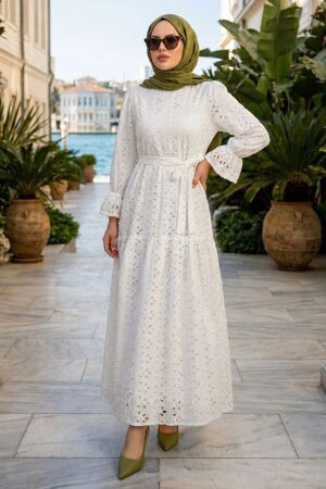 Belted Embroidered White Modest Dress 5000B 