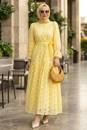 Belted Embroidered Yellow Modest Dress 5000SR 