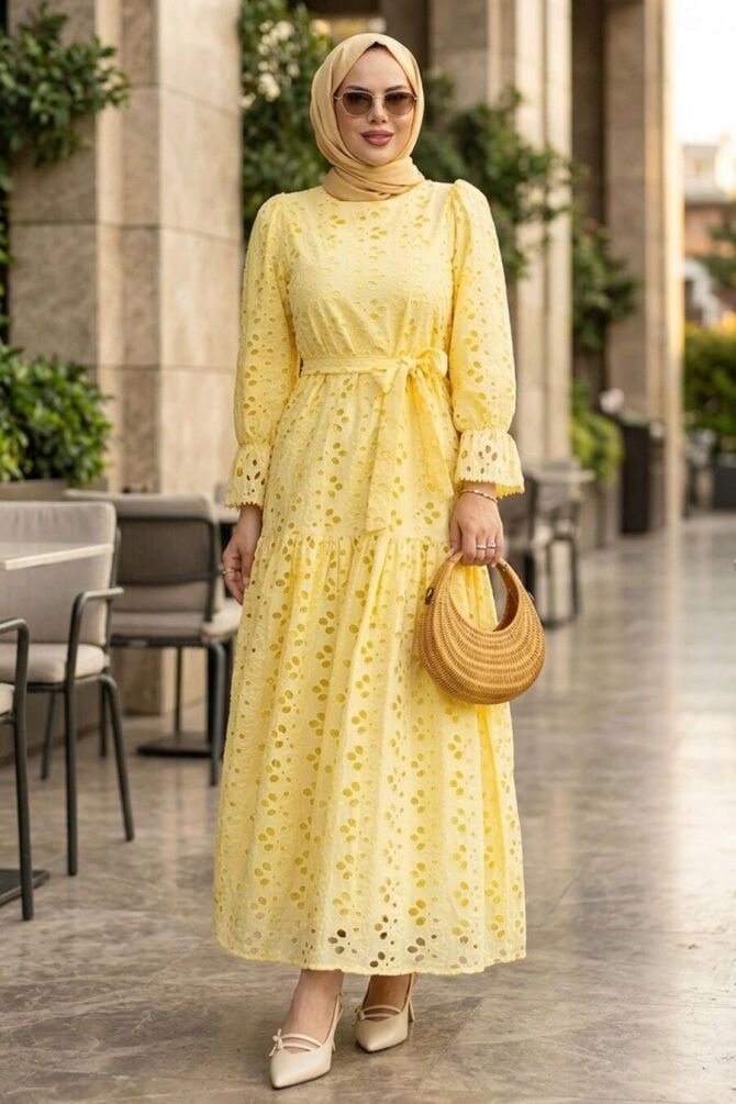 Belted Embroidered Yellow Modest Dress 5000SR - 1