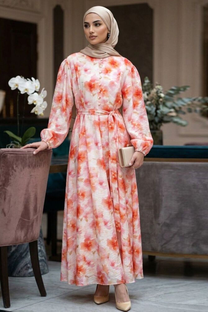 Belted Floral Coral Modest Dress 5340MR - 1