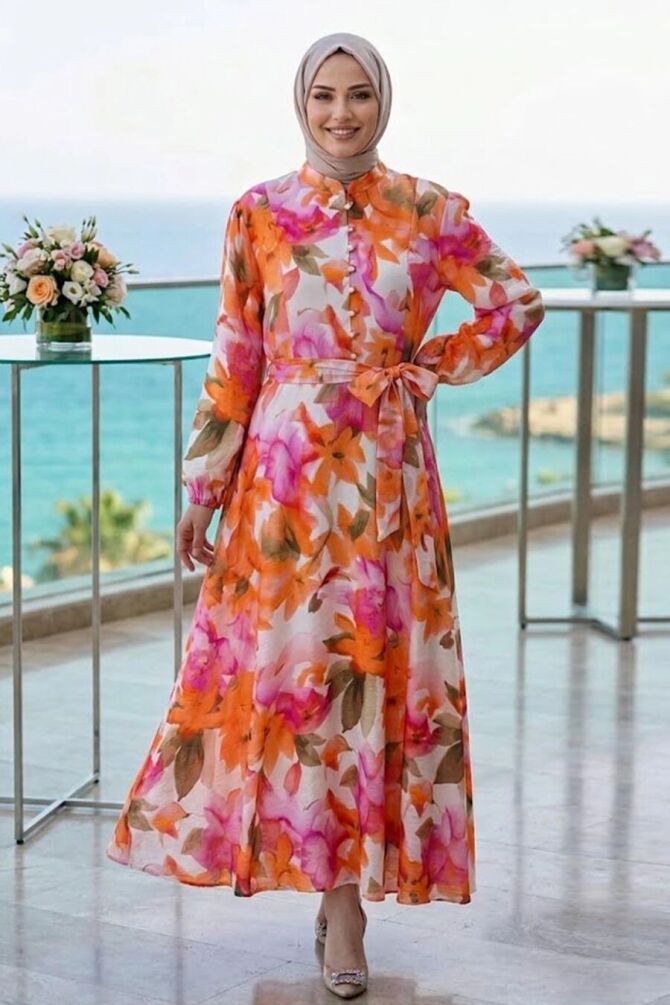 Belted Floral Fuchsia Modest Dress 5340F - 1