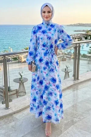 Belted Floral Indigo Blue Modest Dress 5340IM 