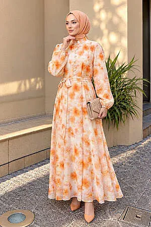 Belted Floral Orange Modest Dress 5340T 
