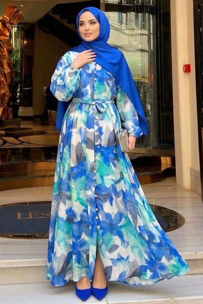 Belted Floral Saxe Blue Modest Dress 5340SX - 1