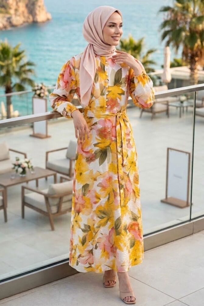 Belted Floral Yellow Modest Dress 5340SR - 1
