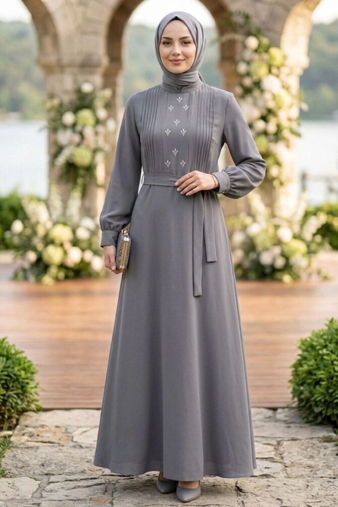 Belted Gray Modest Dress 10309GR - 1