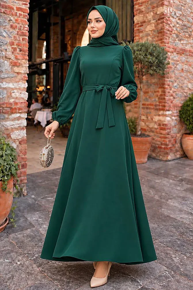 Belted Green Modest Dress 23102Y - 1