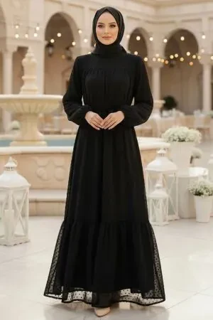 Belted Lace Black Modest Evening Dress 15335S - 1