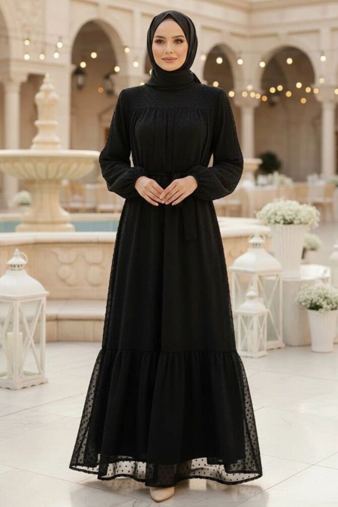 Belted Lace Black Modest Evening Dress 15335S - 1