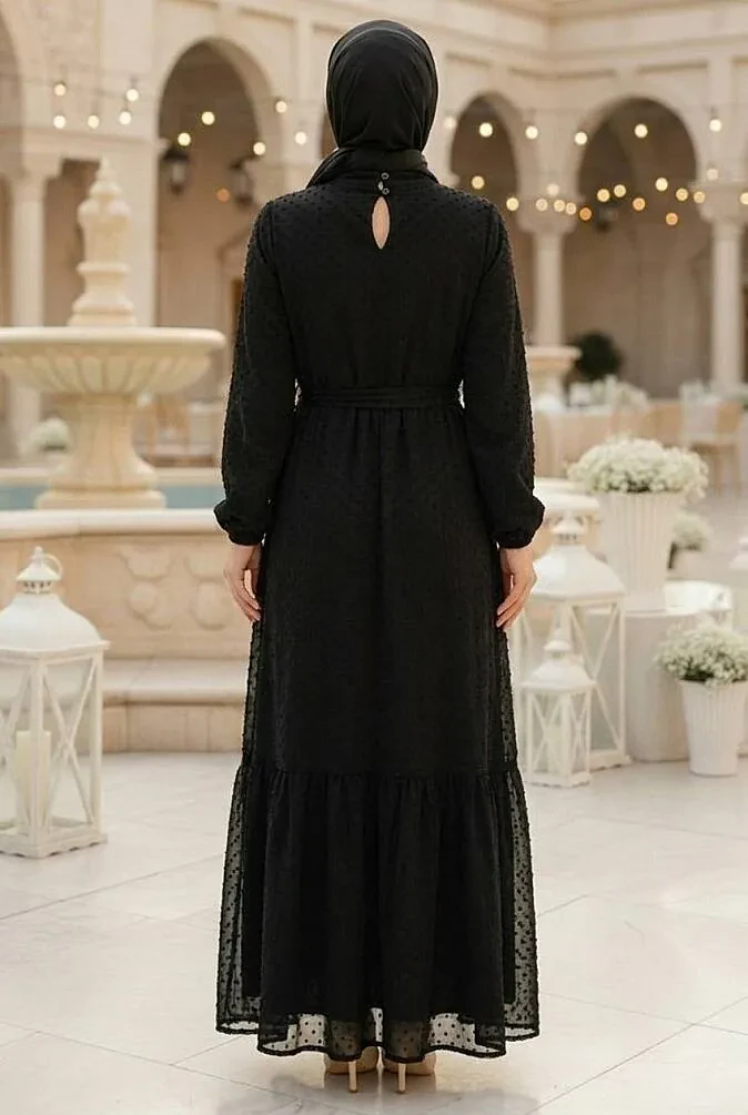 Belted Lace Black Modest Evening Dress 15335S - 2