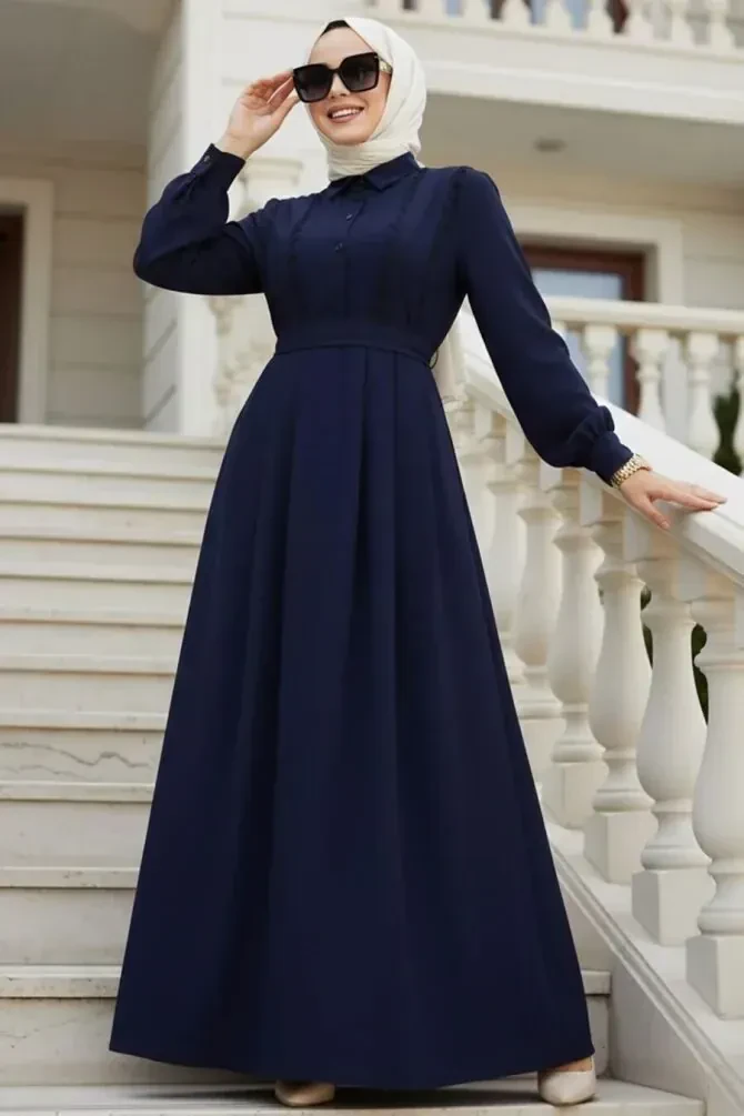 Belted Navy Blue Modest Dress 10308L - 1
