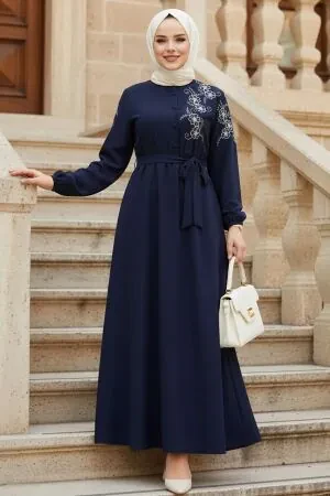 Belted Navy Blue Modest Dress 30550L 
