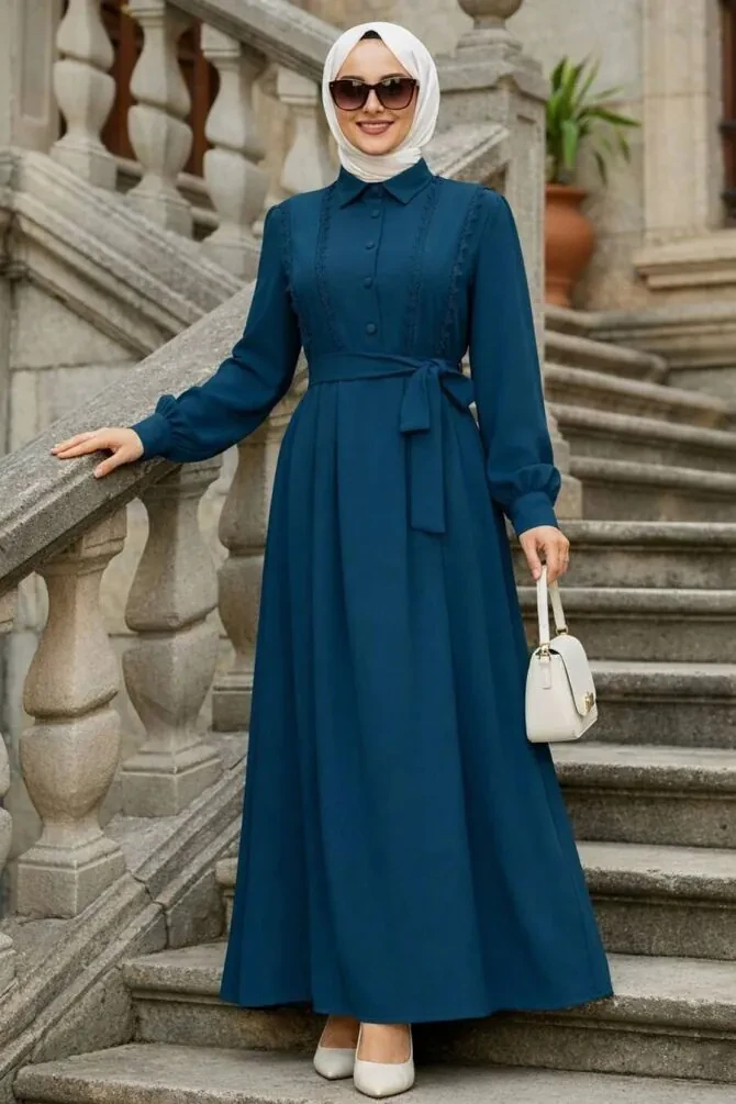 Belted Petrol Green Modest Dress 10308PY - 1