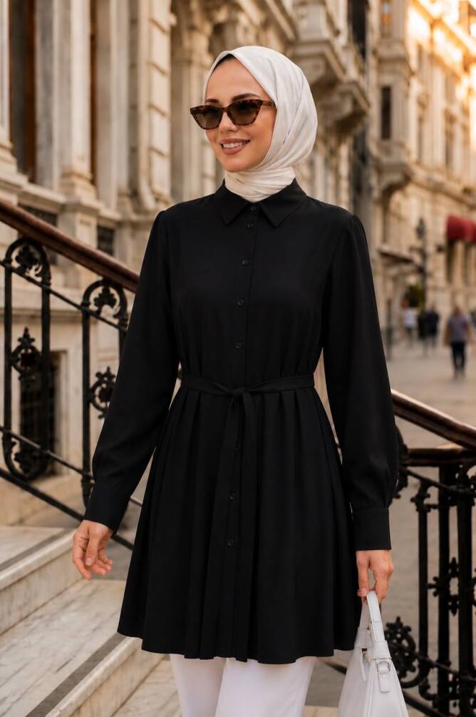 Belted Poplin Black Modest Tunic 15597S - 1