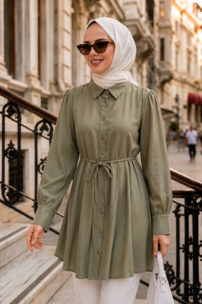 Belted Poplin Khaki Modest Tunic 15597HK - 1