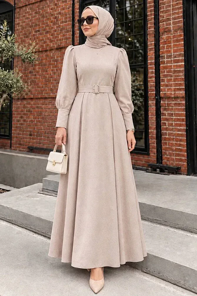 Belted Shoulder-Detail Double Beige Modest Dress 15602BEJ - 1