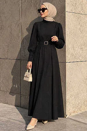 Belted Shoulder-Detail Double Black Modest Dress 15602S 