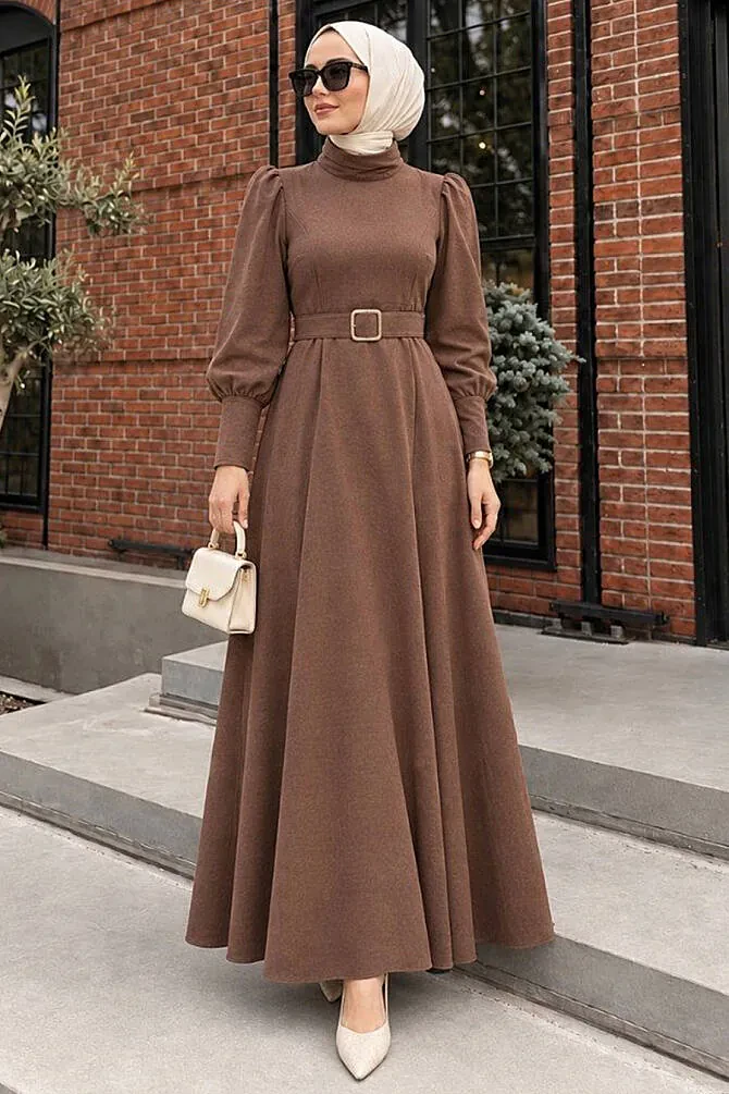 Belted Shoulder-Detail Double Mink Modest Dress 15602V - 1