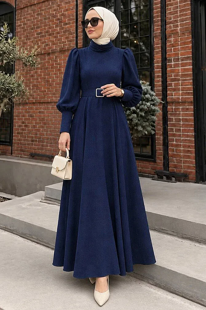 Belted Shoulder-Detail Double Navy Blue Modest Dress 15602L - 1