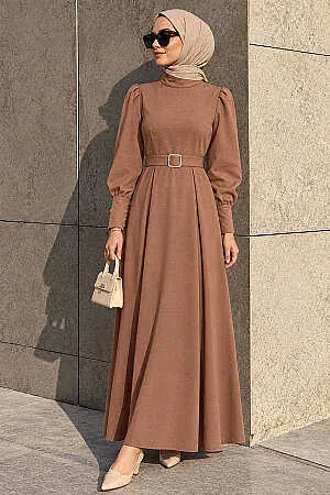 Belted Shoulder-Detail Double Tan Modest Dress 15602TB 