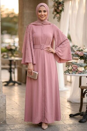 Belted Sleeve Detail Dusty Rose Modest Dress 15321GK - 1