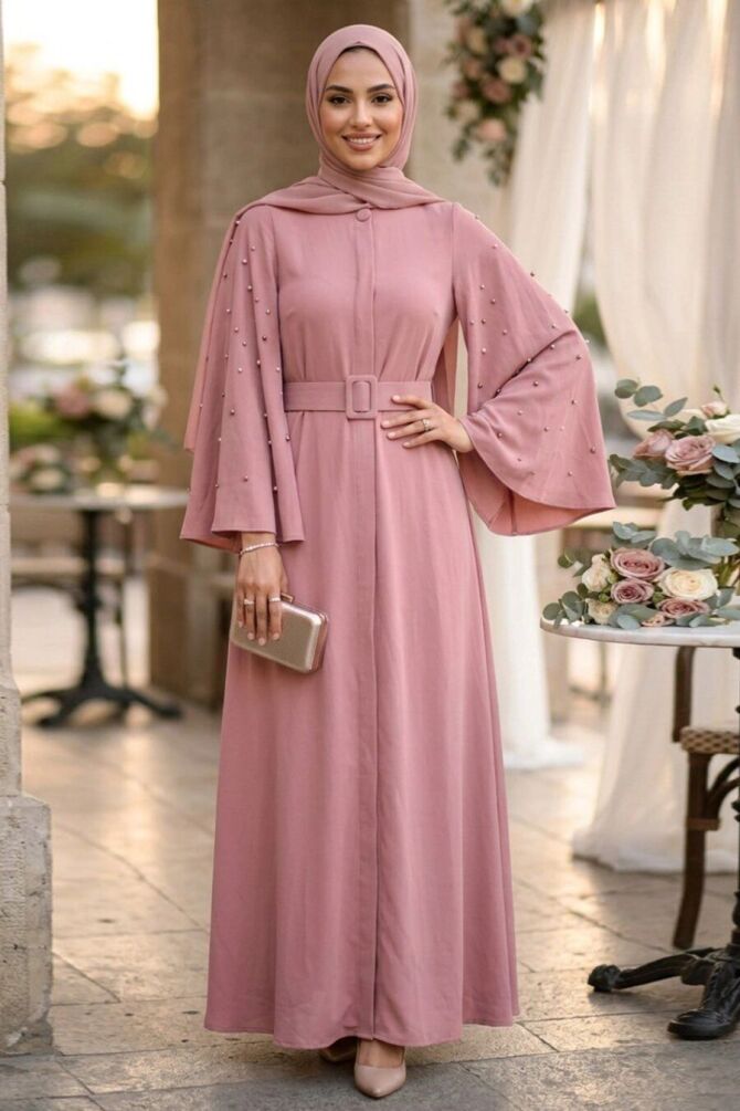 Belted Sleeve Detail Dusty Rose Modest Dress 15321GK - 1