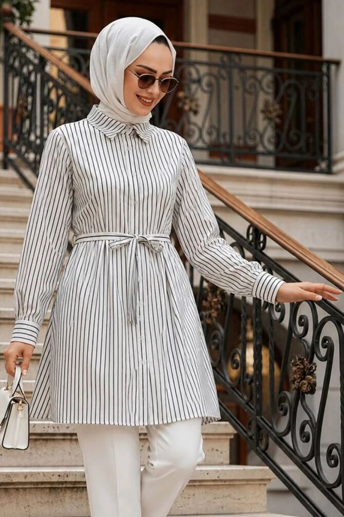 Belted Striped Poplin Black Modest Tunic 155971S - 1