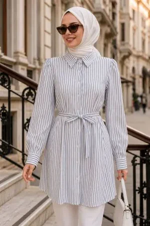 Belted Striped Poplin Navy Blue Modest Tunic 155971L 