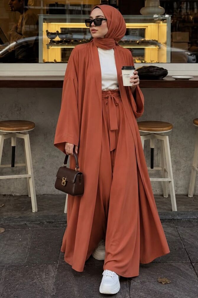 Belted Terracotta Marrakesh Kimono Modest Set 1403KRMT - N.S NEVA STYLE