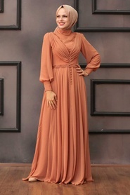 Neva Style - Long Biscuit Islamic Engagement Gown 4312BS - Thumbnail