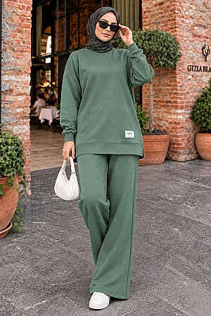 Crew Neck Basic Oysho Almond Green Modest Two-Piece Set 10412CY - 1