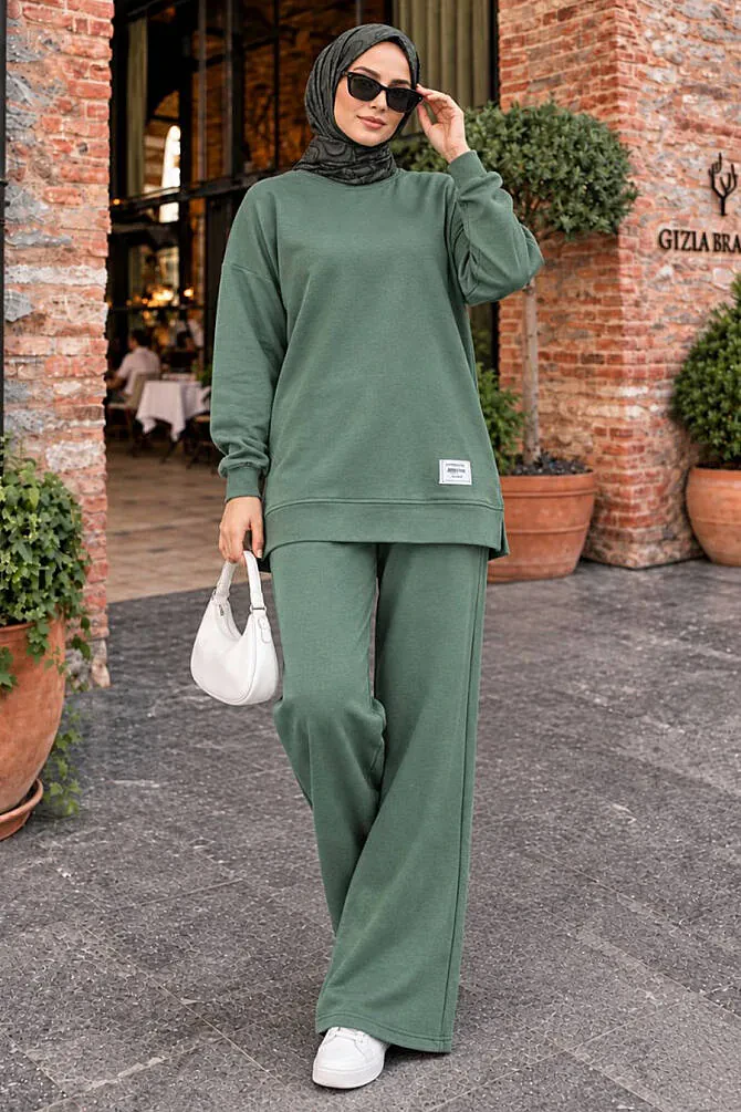 Crew Neck Basic Oysho Almond Green Modest Two-Piece Set 10412CY - 1