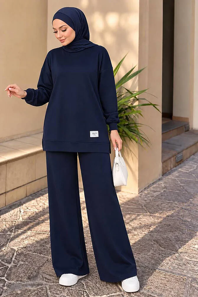 Bisiklet Yaka Basic Oysho Lacivert Tesettür İkili Takım 10412L - 1