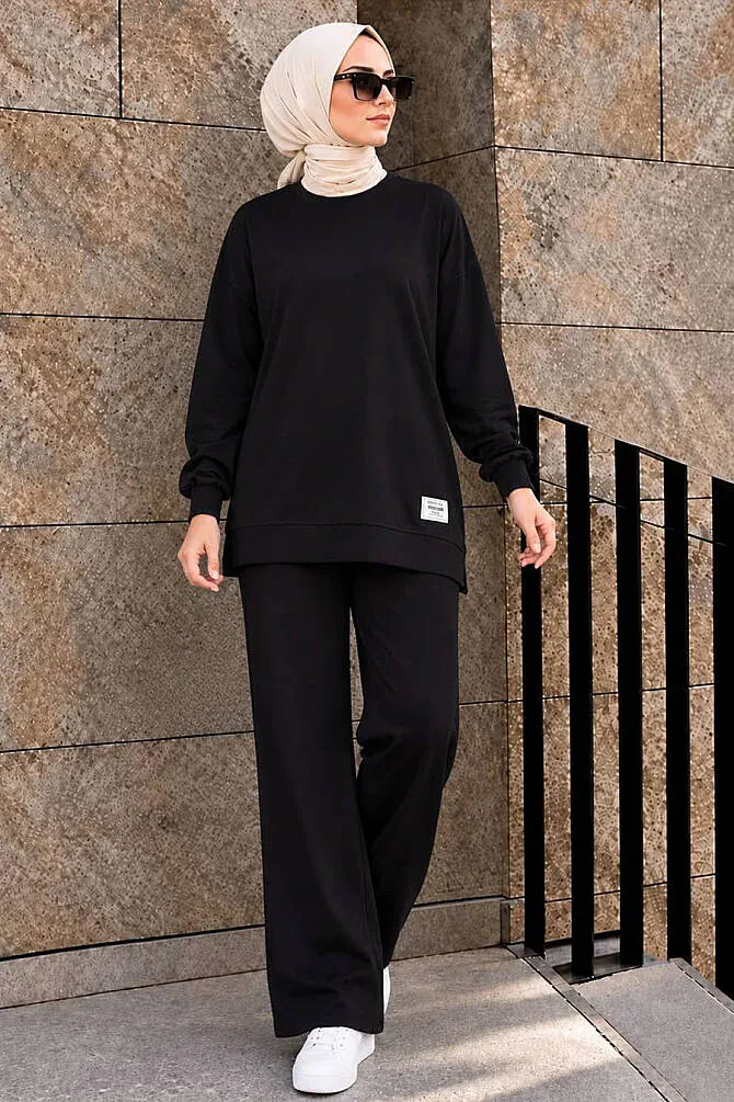Bisiklet Yaka Basic Oysho Siyah Tesettür İkili Takım 10412S - 1