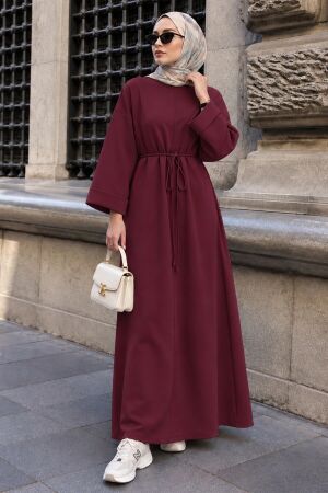 Bisiklet Yaka Düz Kesim Oysho Kumaş Vişne Tesettür Elbise 3138VSN - 1
