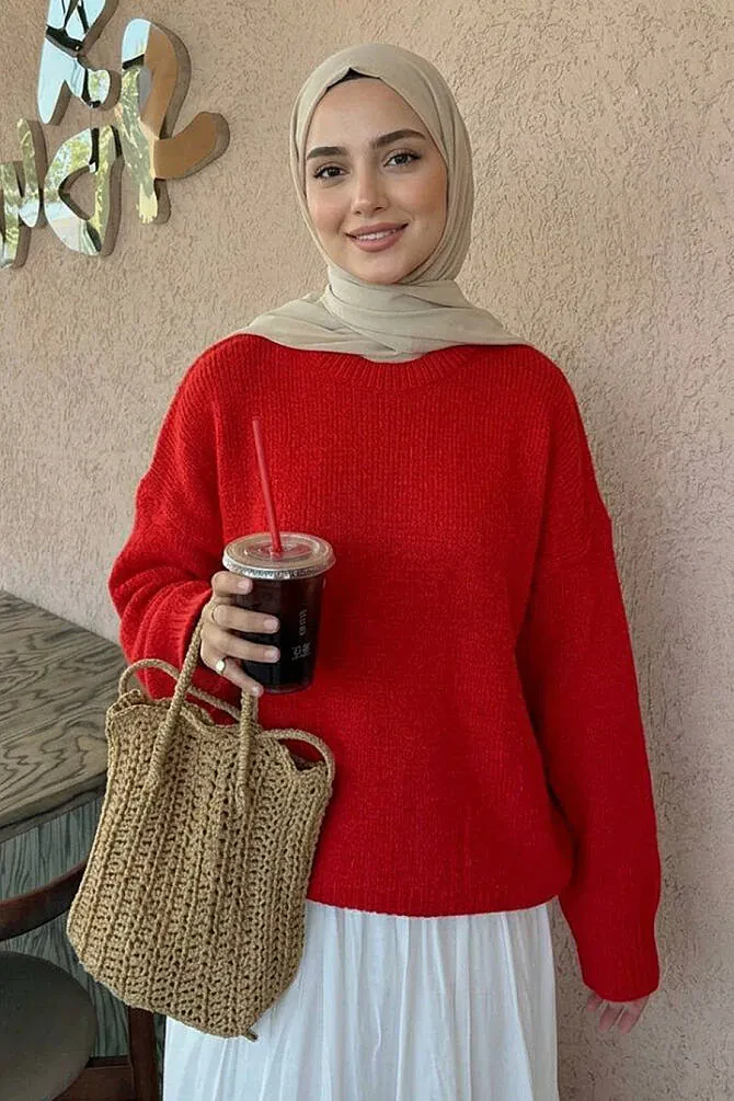 Bisiklet Yaka Düz Kırmızı Tesettür Triko Kazak Tunik 60271K - N.S NEVA STYLE