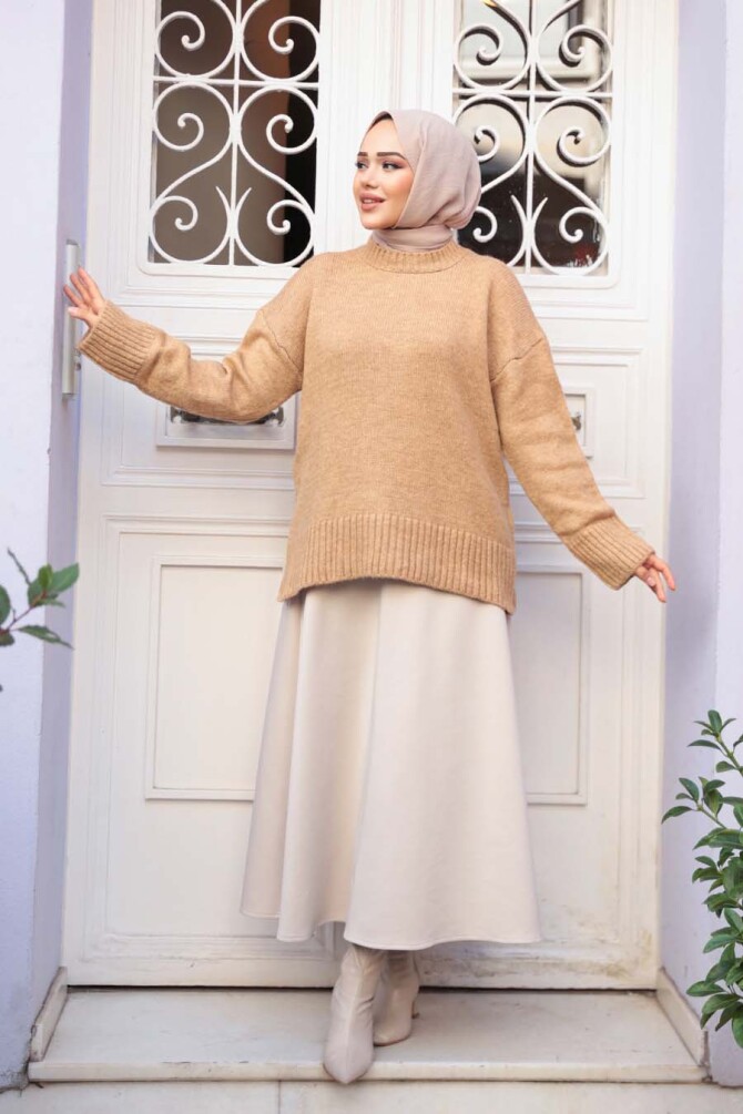 Bisküvi Tesettür Triko Kazak Tunik 55551BS - N.S NEVA STYLE