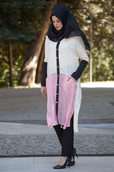 Bislife - Düğmeli Ekru / Pudra Tesettür Tunik 6080E - 2