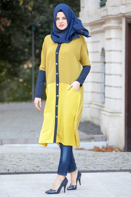 Bislife - Düğmeli Yeşil / Lacivert Tesettür Tunik 6080Y - 2