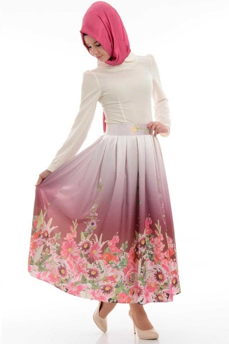 Bislife - Flower Patterned Plum Color Skirt