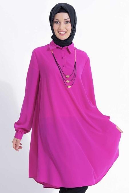 Bislife - Kolyeli Fuşya Tesettür Tunik 6130F - 2