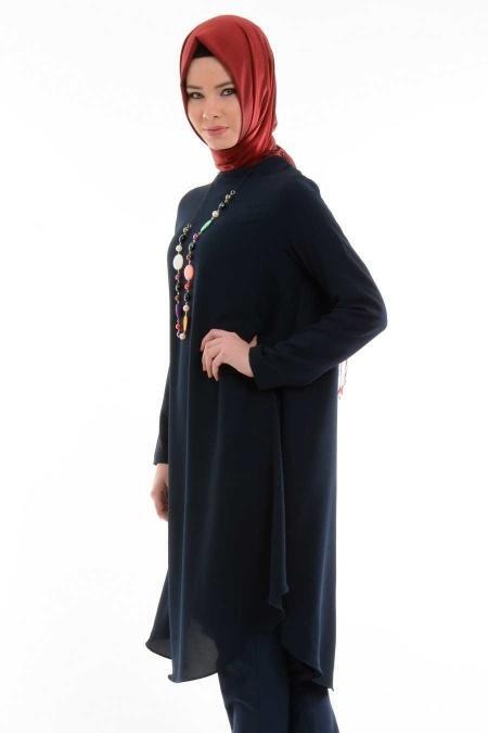 Bislife - Kolyeli Lacivert Tesettür Tunik 6077L - 2