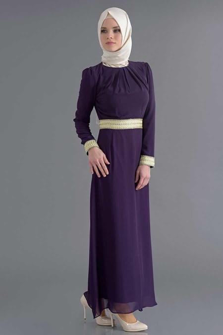 Bislife - İşlemeli Mürdüm Tesettür Elbise 7022MU - 2